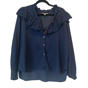 Loft button down ruffle blouse blue and white size large